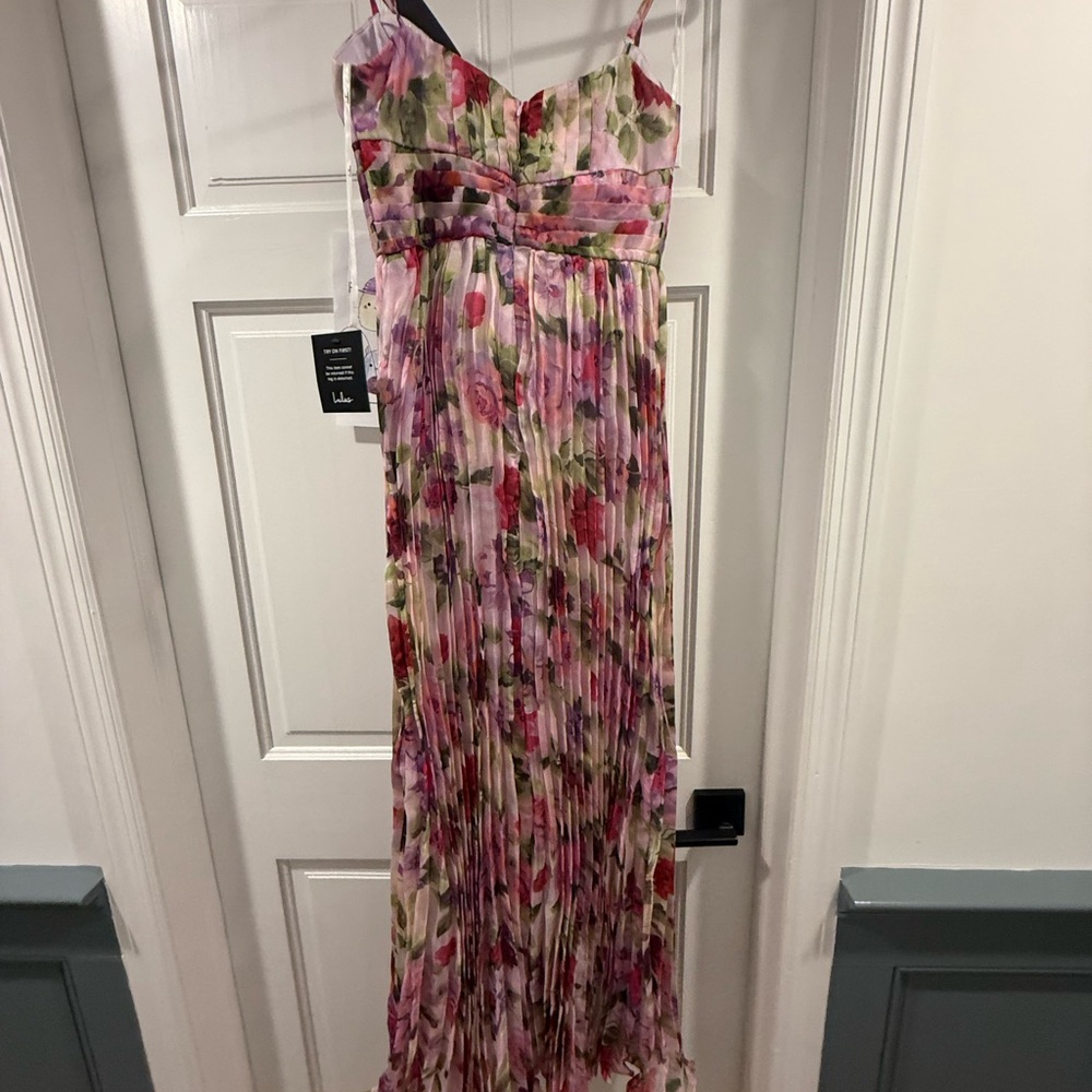 Lulu's Pink and Green Floral Pleated Maxi Dress